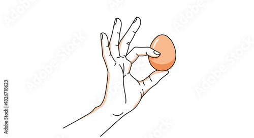 Hand making an OK gesture while gently holding a brown egg between the thumb and index finger against a plain white background.
