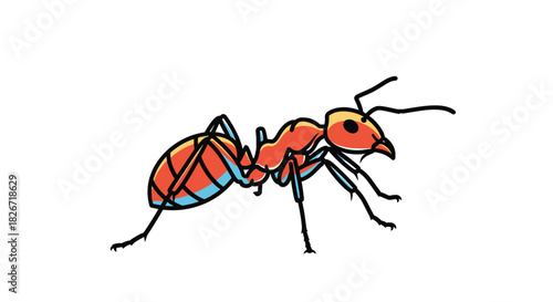 A lively and colorful cartoon illustration of an ant, featuring its segmented body in shades of red, orange, and blue, set against a bright white background.