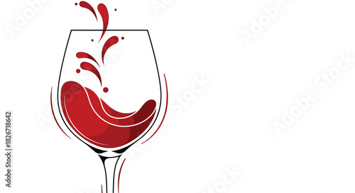Dynamic vector graphic depicting a classic wine glass with vibrant red wine actively splashing and creating ripples, isolated on white.