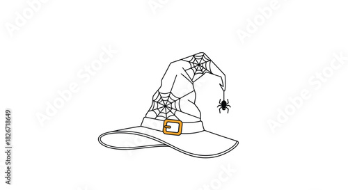 A Halloween-themed outline drawing of a classic witch's hat adorned with spooky spider webs and a dangling spider, featuring an orange buckle.