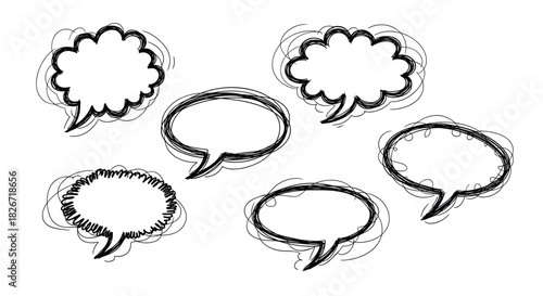 Set of diverse hand-sketched black and white speech and thought bubbles with a scribbled outline, ideal for informal communication and conversational designs.