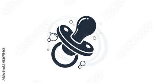 Simple vector illustration of a dark blue baby pacifier, surrounded by subtle bubbles and abstract swirling lines on a white background.