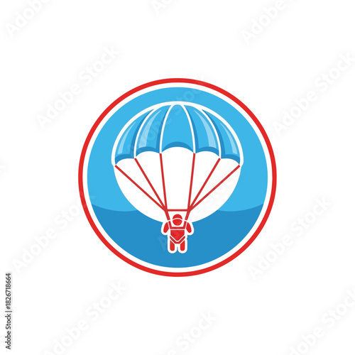 A graphic logo of a person parachuting with a blue and white canopy inside a circular frame.