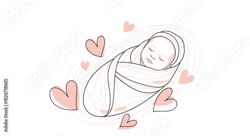 A tender line art illustration of a peacefully sleeping newborn baby, warmly swaddled and cradled amidst soft pink hearts, embodying love and new beginnings.