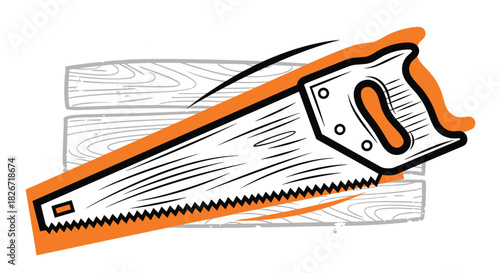 A dynamic illustration of a classic hand saw with a vibrant orange handle and border, set against subtle wooden planks, symbolizing carpentry.