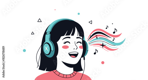 A cheerful young person with headphones is joyfully singing along to music, with musical notes and sound waves emanating, illustrating happiness and love for sound.