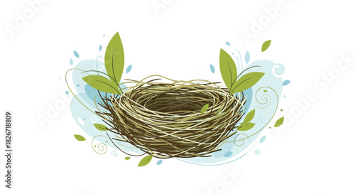 An intricately woven empty bird's nest, highlighted by fresh green leaves and gentle blue abstract shapes, capturing the essence of spring and new life.