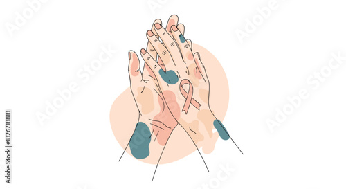 Close-up of hands with varied skin pigmentation featuring a pink awareness ribbon, representing health support and body positivity.