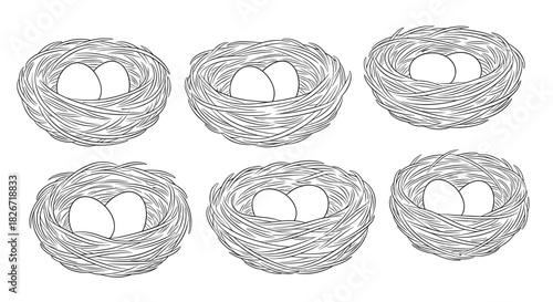 Black and white line art illustrations of six bird nests, each holding two delicate eggs, symbolizing new life and spring.