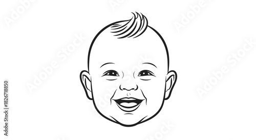 A cheerful, black and white line art illustration of a happy baby's face with a tuft of hair, smiling broadly, conveying joy.