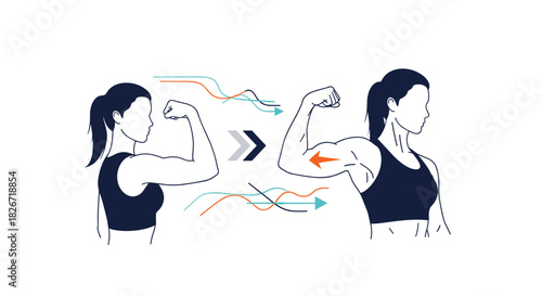 Illustration depicting a woman's arm transforming from lean to more muscular, symbolizing strength gain and fitness progression.