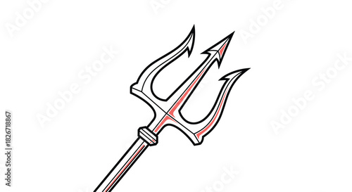 A stylized illustration of a trident with a reddish-pink accent, a mythological weapon commonly associated with sea gods like Poseidon.