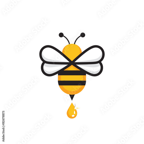 A cute cartoon bee with black and yellow stripes dripping a single drop of golden honey from its stinger.