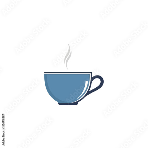 A simple blue teacup or coffee cup with steam rising, depicted in a flat graphic style on a white background.