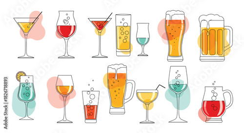 Variety of beverage glasses with colorful drinks, bubbles, and abstract backgrounds in a modern outline vector illustration.