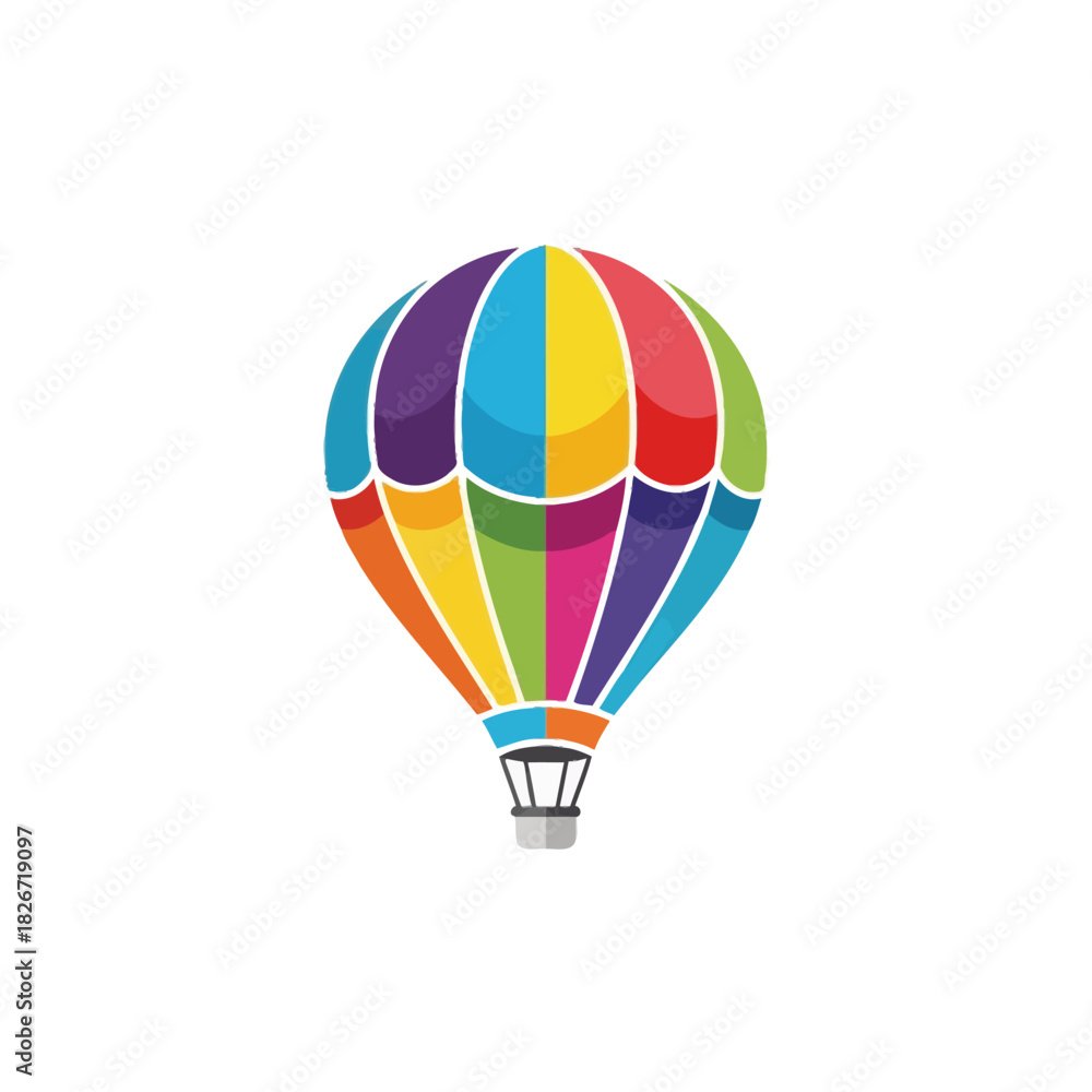 Naklejka premium A vibrant and colorful hot air balloon with multiple panels of different bright colors, set against a white background.