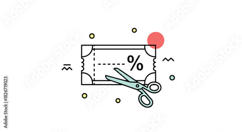 Minimalist illustration of a pair of scissors cutting a discount coupon with a percentage symbol, representing savings and special offers.
