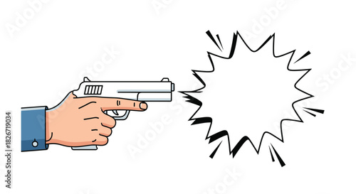 A human hand in a blue shirt sleeve holds a silver pistol, aiming it forward, with a cartoon explosion graphic at the muzzle.
