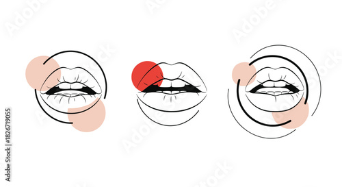 A trio of minimalist line art illustrations depicting diverse lip expressions, enhanced with subtle color accents and abstract circular elements.