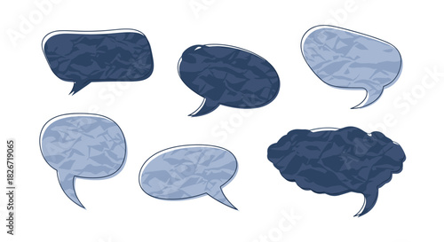 A collection of six hand-drawn, crumpled paper texture speech and thought bubbles in varying shapes and shades of blue, ideal for communication concepts.