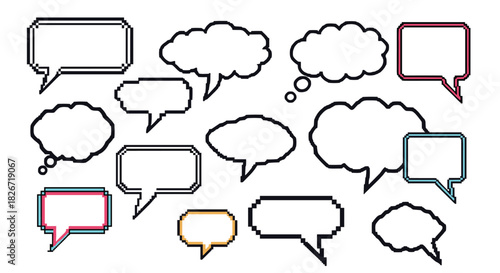 Retro pixel art speech and thought bubble collection with different styles for digital graphics and comic design.