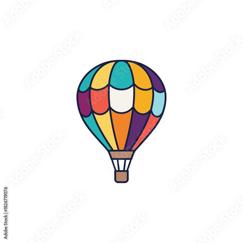 Colorful hot air balloon with striped pattern and basket flying in the sky.