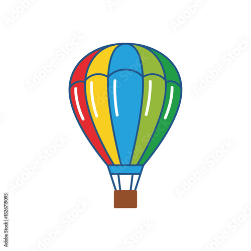 Colorful hot air balloon with a basket, illustrated in a simple cartoon style on a white background.