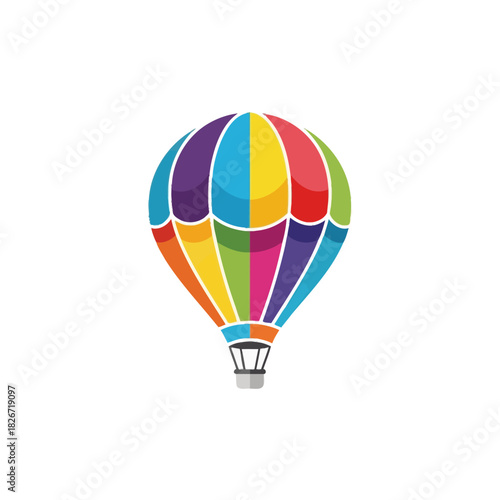 A vibrant and colorful hot air balloon with multiple panels of different bright colors, set against a white background.