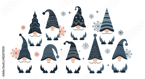 A charming collection of cute winter gnomes wearing patterned hats and surrounded by festive snowflakes, perfect for holiday season designs.