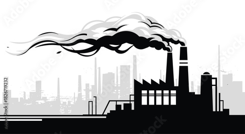 Industrial factory with tall smokestacks spewing dark smoke into the sky over a stylized city skyline, depicting air pollution.
