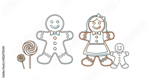 Stylized line art illustration of a cheerful gingerbread cookie family (man, woman, child) and two lollipops on a white background.
