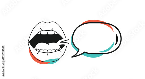An open human mouth speaks words into an empty speech bubble, depicting the concept of communication and expression.