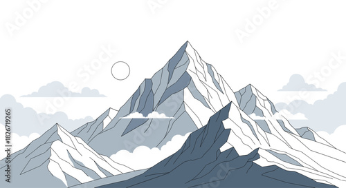 Minimalist vector illustration of a majestic mountain range featuring snow-capped peaks, a serene sky with a sun outline, and soft clouds.