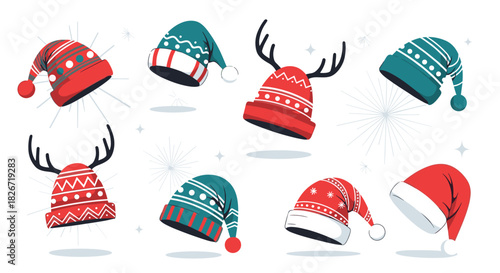 A cheerful collection of various Christmas and winter hats, including Santa hats, striped beanies, and reindeer designs, playfully floating on a bright background.