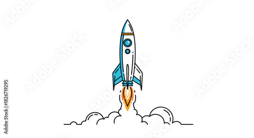 A stylized rocket launches with a trail of smoke and fire, representing concepts of business startup, innovation, and rapid progress.