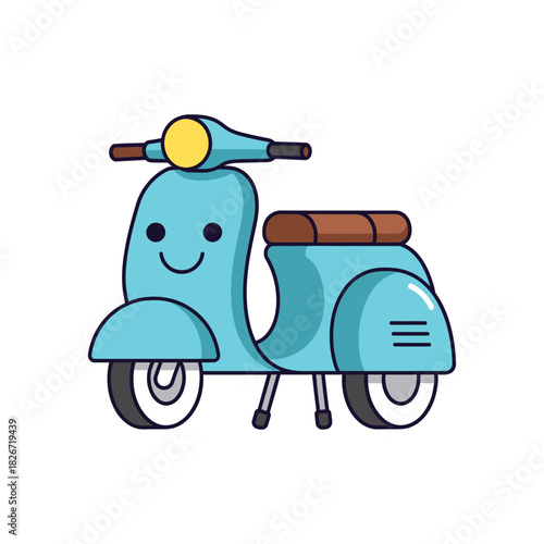 A cute, smiling cartoon scooter in a light blue color with brown accents.