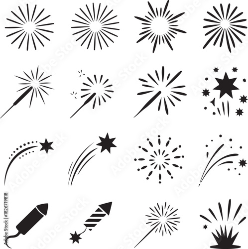 Festive Fireworks and Sparklers Vector Illustration in Black and White