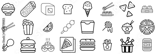 Diverse Collection of Food Icons in Black and White Outline Style