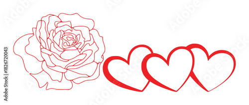 Red Rose and Three Hearts Outline - Romantic and Valentine's Day Graphic