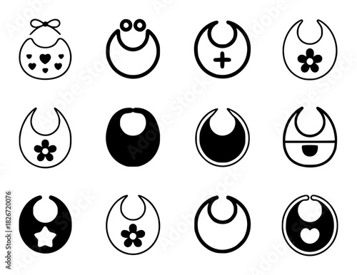 Collection of 12 Baby Bib Icons in Various Designs and Styles