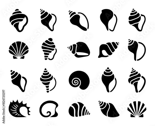 Collection of Black and White Seashell Icons on White Background