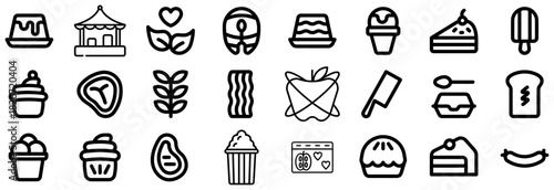 Collection of Food and Drink Icons in Black and White Outline Style