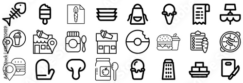 Collection of Food and Restaurant Icons in Black and White Outline