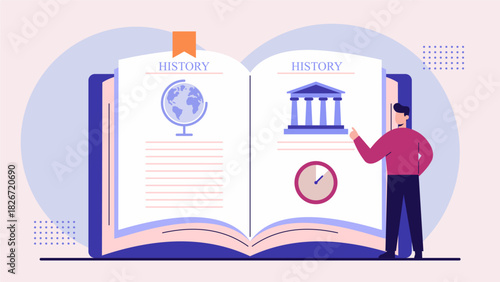 Student Learning History from a Giant Open Book – Modern Flat Illustration