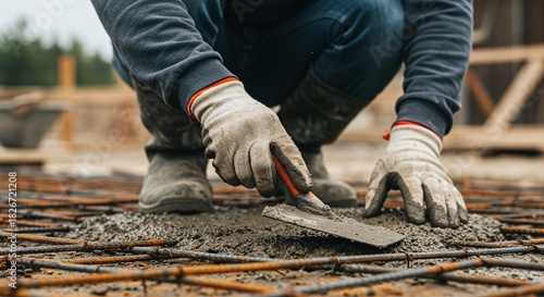 A worker applying fresh concrete over a rebar grid with a trowel.Concept of reinforced concrete and construction work.