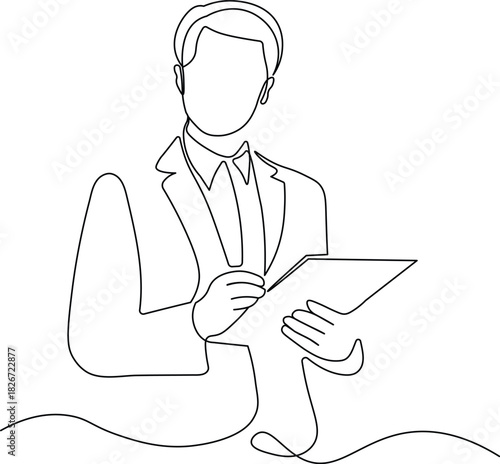 Modern Businessman Holding Tablet. Half Body Continuous Line Art of Digital Analytics and Professional Lifestyle