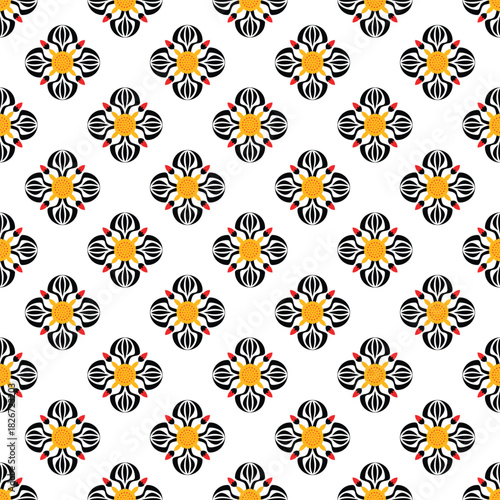 Seamless pattern, geometric shapes, floral patterns, red, yellow, black.