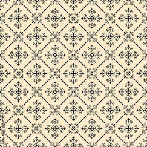 seamless pattern of intricate swirls and coils, classic and vintage, in yellow, black and cream, perfect for use as a background or textile.