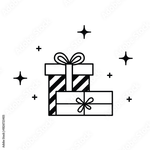 Line art stacked gifts with sparkles illustration. Monochrome celebration presents outline vector. Minimalist hand drawn holiday gift composition.