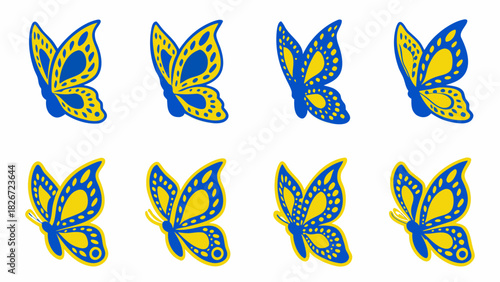 Cheerful butterflies in vibrant yellow and blue, great for spring designs, posters, and stickers with a lighthearted, whimsical, and colorful feel